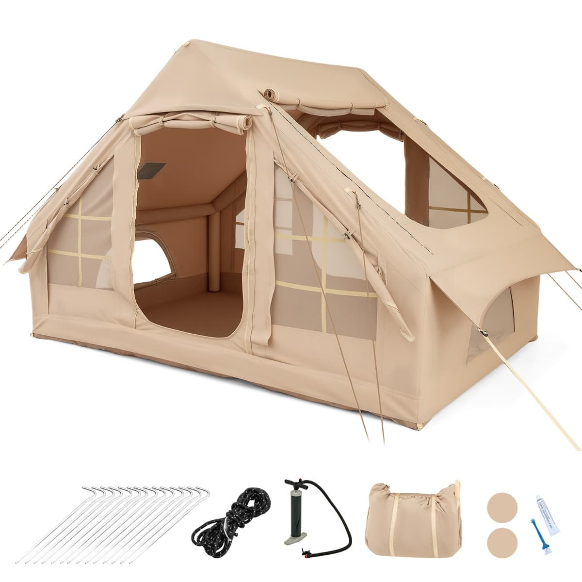 CostwayTente Gonflable pour 4-6 Personnes Grande Tente de Camping avec 4 Fenêtres à Moustiquaire 2 Portes Aérations Supérieures Sac de Transport Beige